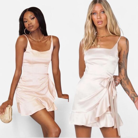 Princess Polly Cottage Hill Champagne Satin Wrap Mini Dress Ruffle Hem (Sz S/4) - Picture 3 of 8